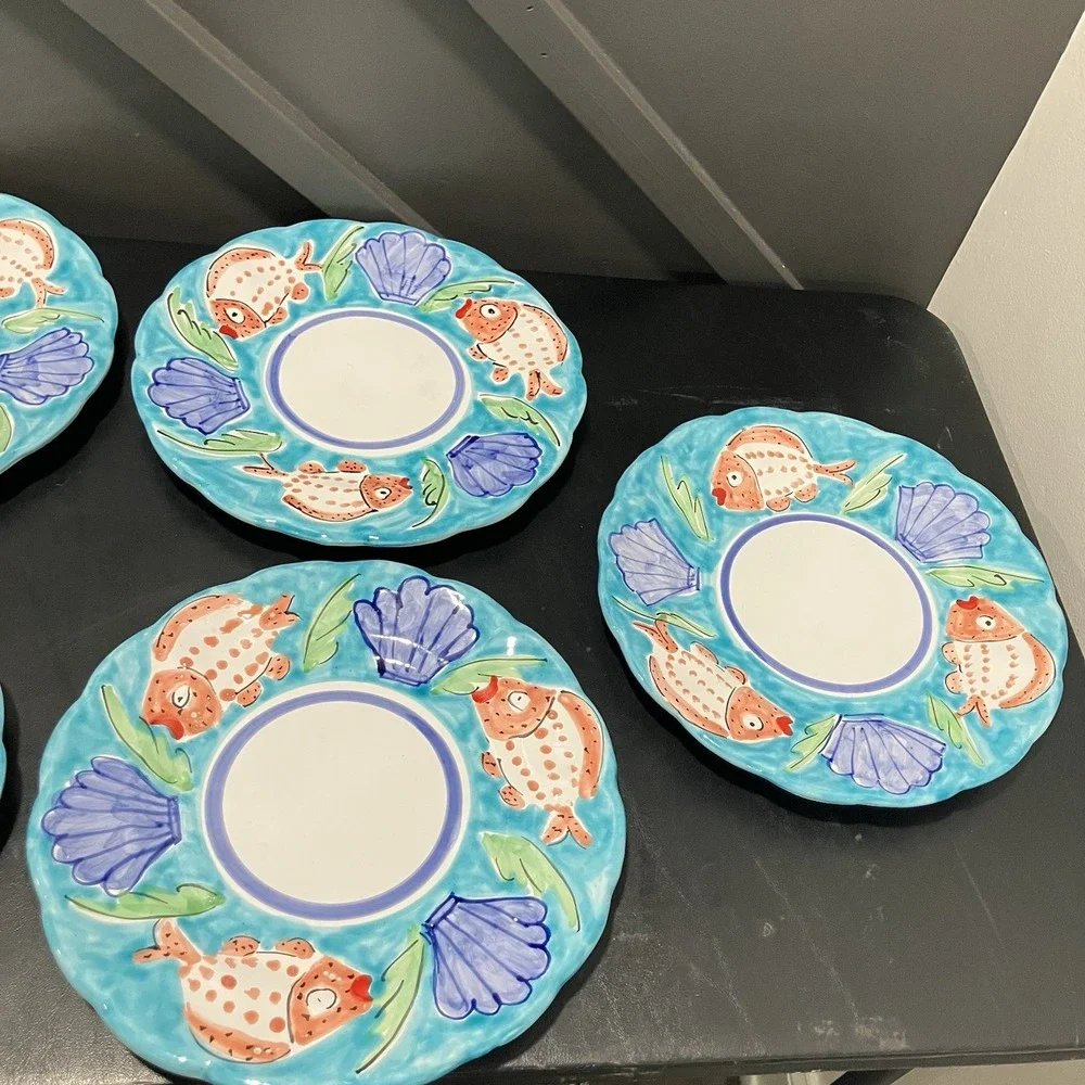 La Musa Italy Set of 7 Hand Painted Fish Seashell Ceramic Dinner Plates Coastal